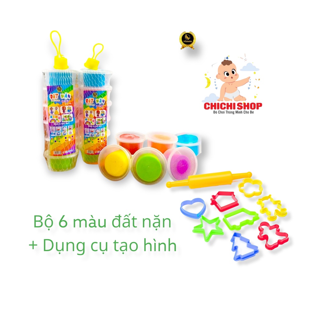 Bộ 6 Hộp Đất Nặn Và Bộ Khuôn Tạo Hình Kèm Cây Lăn Đất Kích Thích Sáng Tạo Cho Bé (Hàng Việt Nam)