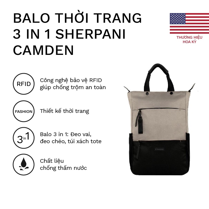 Balo thời trang Sherpani Camden 3 in 1, chống thấm nước, chống sốc, gọn nhẹ, thân thiện môi trường_ Bảo hành 12 tháng