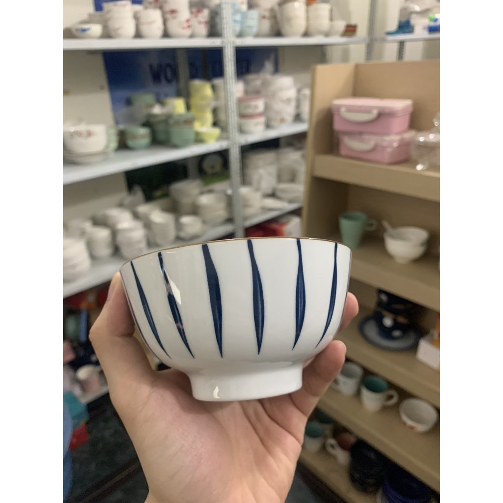Bộ 10 chén ăn cơm sứ cao cấp, họa tiết hoa 3d, miệng bát kẻ chỉ màu, set 10 bát ăn cơm, họa tiết ngẫu nhiên
