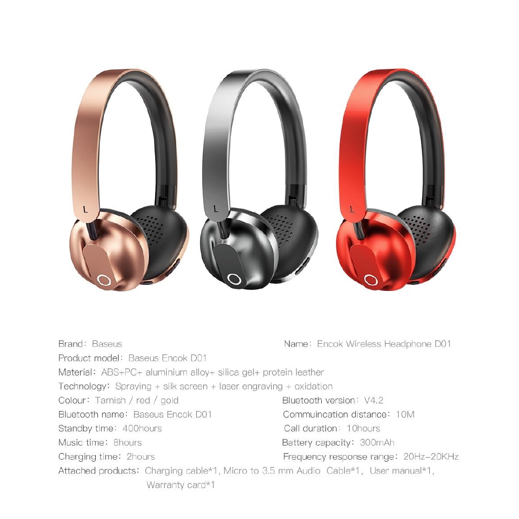 Tai nghe chùm Bluetooth v4.1 cao cấp âm thanh over ear Hifi stereo thương hiệu Baseus D01