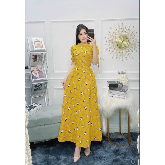 Đầm maxi lụa tay ngắn rút dây siêu dễ thương - free size dưới 54kg - MS21MT