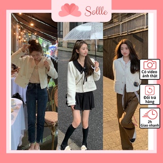 Áo khoác dạ tweed trắng dáng ngắn cổ rời 2 lớp đẹp mặc hai kiểu tiểu thư rẻ Hàn Quốc Sollle