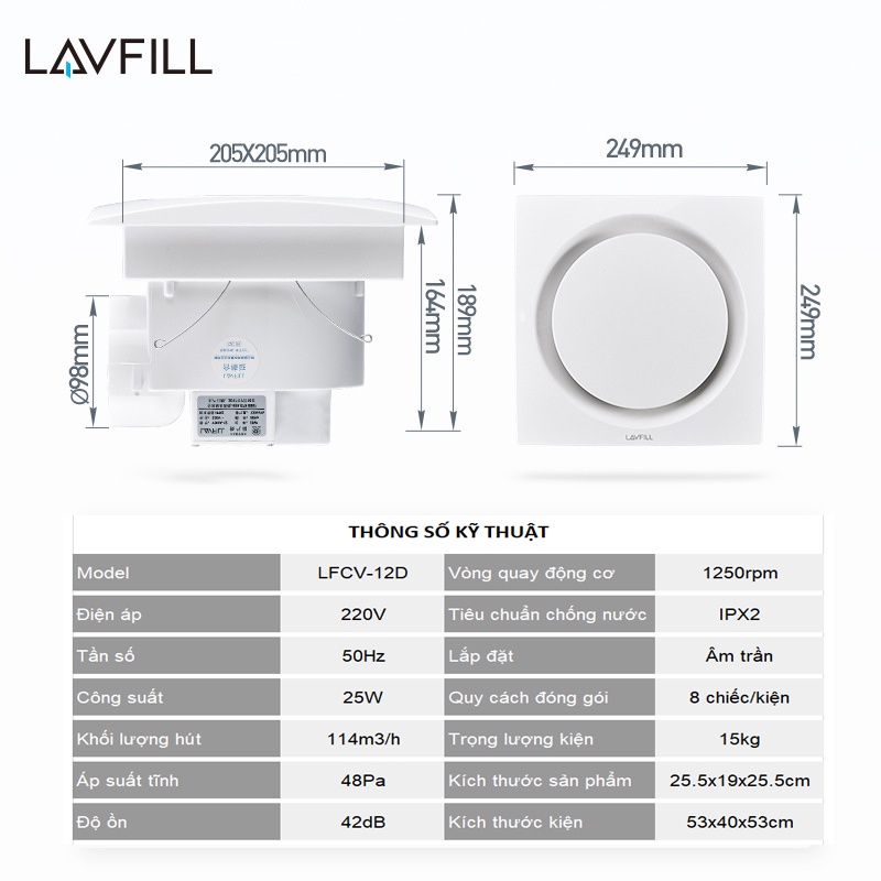 Quạt thông gió hút mùi âm trần rèm lưới CONG LAVFILL LFCV-12B/16B