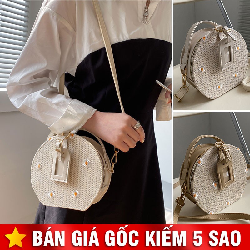 Túi Cói Đeo Chéo Hoa Cúc Dáng Tròn Phối Da Kiểu Mới