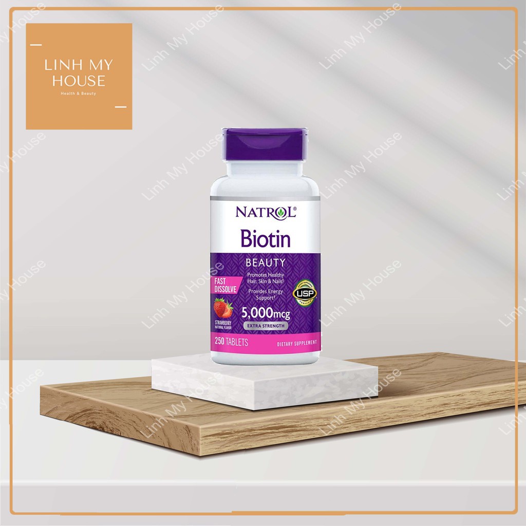 Viên ngậm hỗ trợ mọc tóc Natrol Biotin vị dâu 5000mcg 250 viên Mỹ