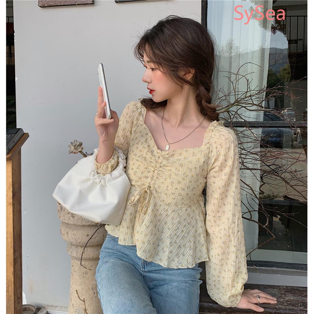 Áo chiffon tay dài họa tiết hoa phối dây rút thời trang dành cho nữ