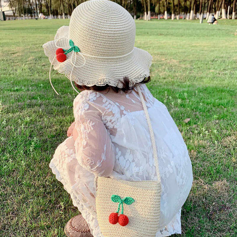 Mũ kèm túi đan rơm thiết kế đính quả cherry xinh xắn cho bé gái