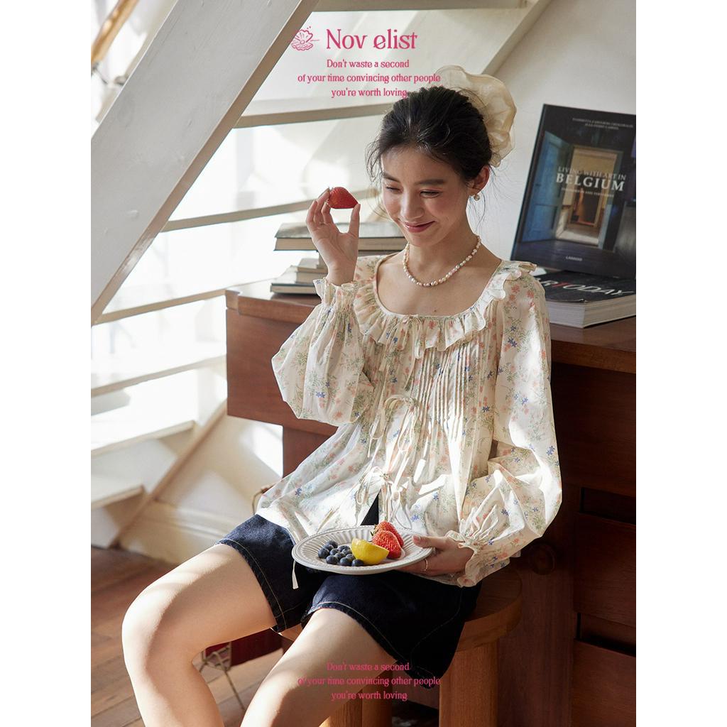 61710 Áo Sơ Mi Hoa Cổ Tròn Rộng Rãi