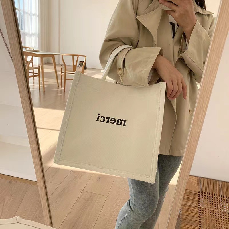 Túi tote vải canvas nữ đeo vai in chữ MERCI phong cách thời trang trẻ trung