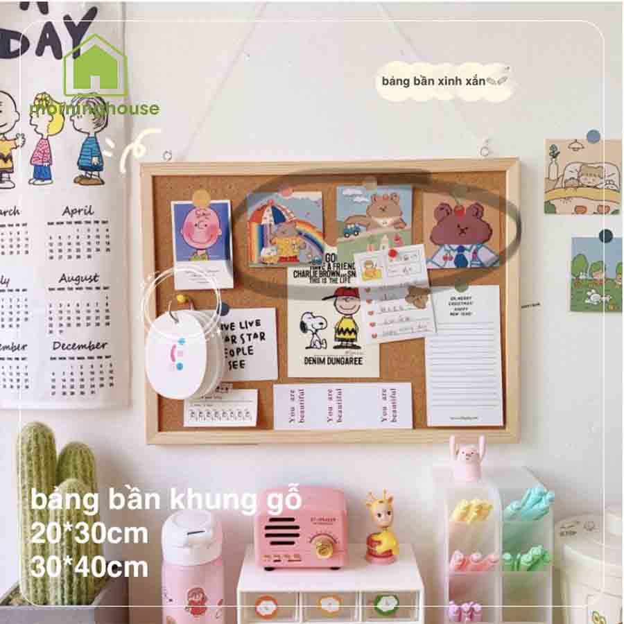 BẢNG GHIM GỖ GHI CHÚ DECOR BÀN LÀM VIỆC - Tặng kèm phụ kiện dây treo, móc treo, hình dán sticker, ghim