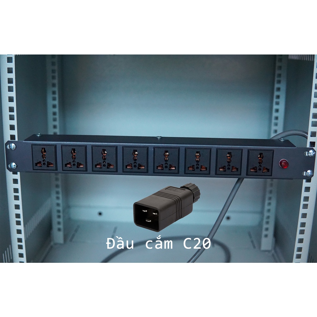 Ổ cắm điện, Thanh nguồn PDU RACK 8 Port đa năng có đầu 3 chân, công nghiệp, C14,C20 dây điện dài 1m5