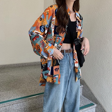 Áo sơ mi tay dài dáng rộng phối màu tương phản phong cách retro dành cho nữ