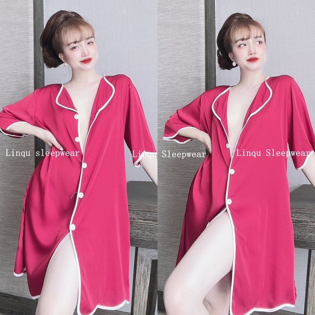 Váy ngủ sexy cổ sơ mi Linqustore chất latin mềm mát mặc ngủ gợi cảm, sang trọng Freesize 40-60kg