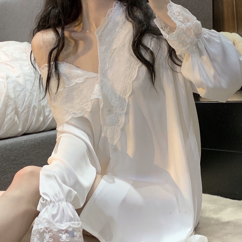 Đầm Ngủ Pijama Công Chúa Màu Trắng Tay Dài Phối Ren Quyến Rũ Thời Trang Cho Nữ sdfkl001.my10.6
