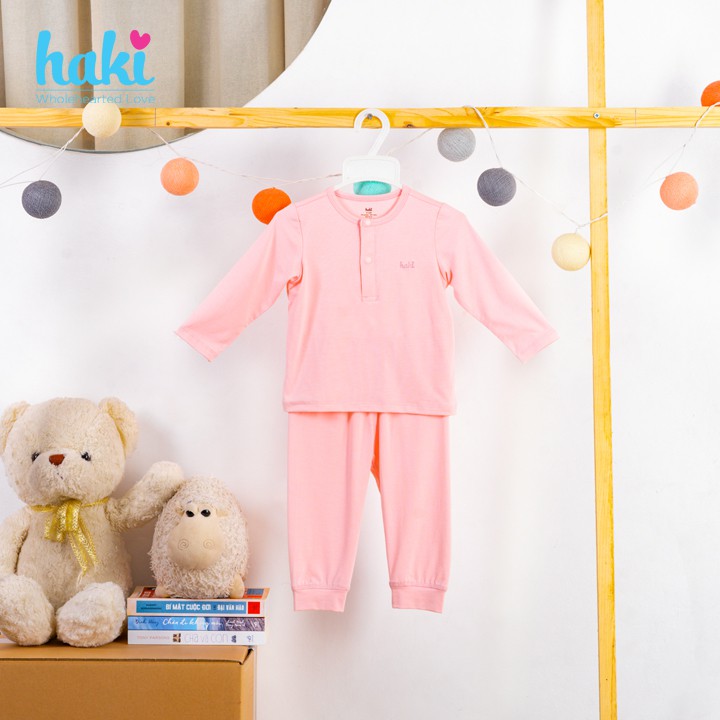 Bộ quần áo dài tay Haki cho bé trai bé gái sơ sinh tới 3 tuổi thiết kế cổ trụ vải sợi tre cotton BB011