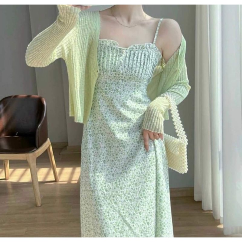 SET ĐẦM MIDI 2 DÂY HOA XẺ NGỰC KÈM KHOÁC CROP