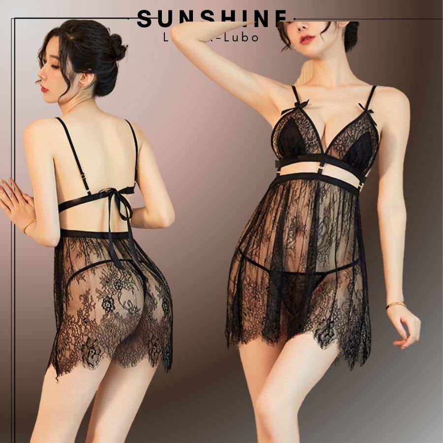 Đầm ngủ ren sexy 2 dây gợi cảm hai dây voan mỏng quyến rũ Màu Đen SUNSHINE HB1534