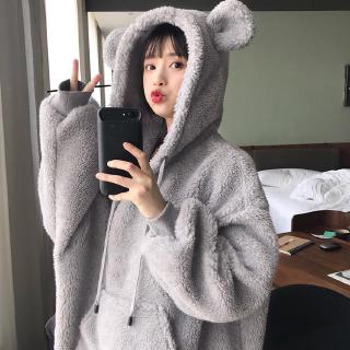 Áo Khoác Hoodie Phối Nhung Dày Kiểu Hàn Quốc Dễ Thương Cho Nữ