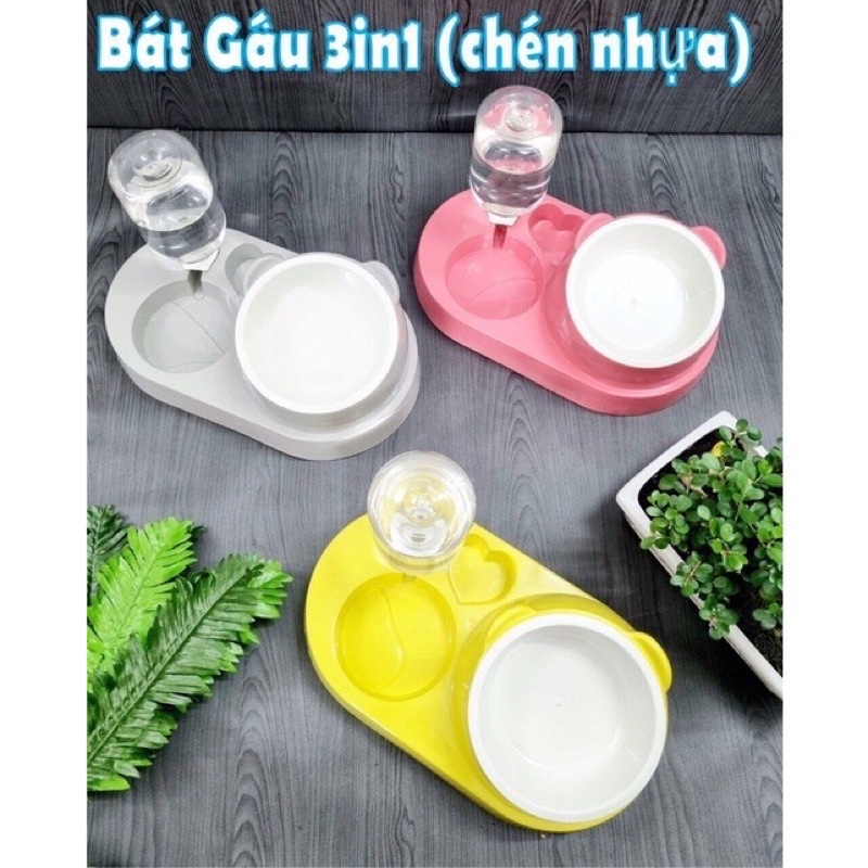 bát ăn đôi kèm bình nước tự động 3in1 cho chó mèo