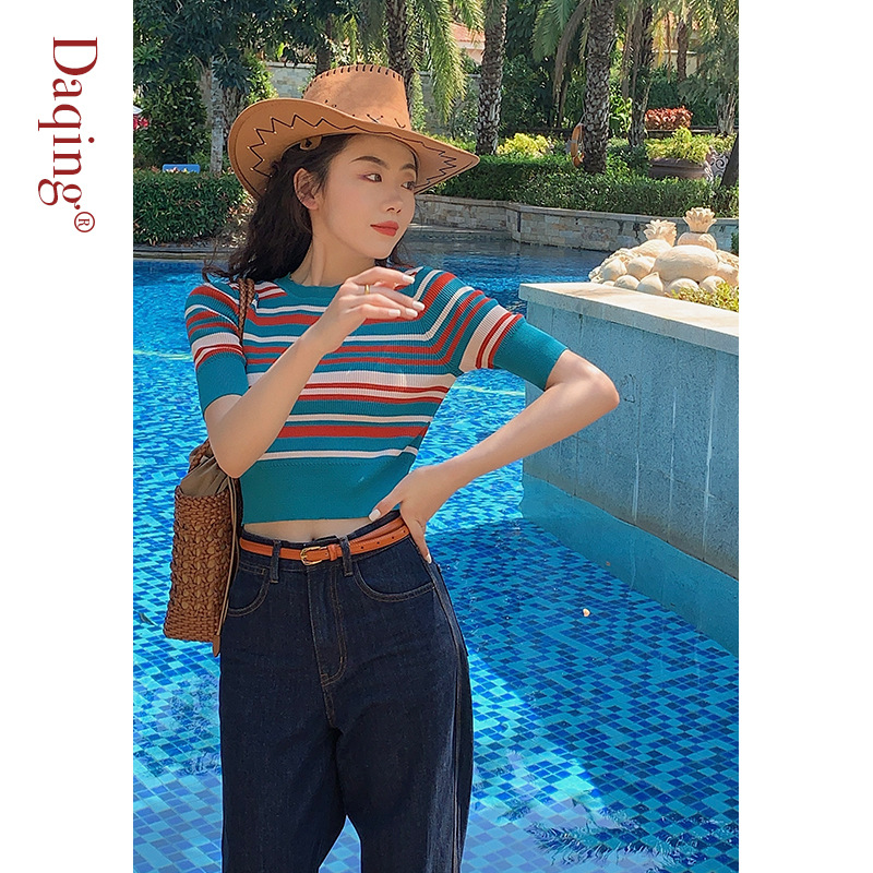 Áo dệt kim IELGY tay ngắn kẻ sọc phong cách trẻ trung cho nữ