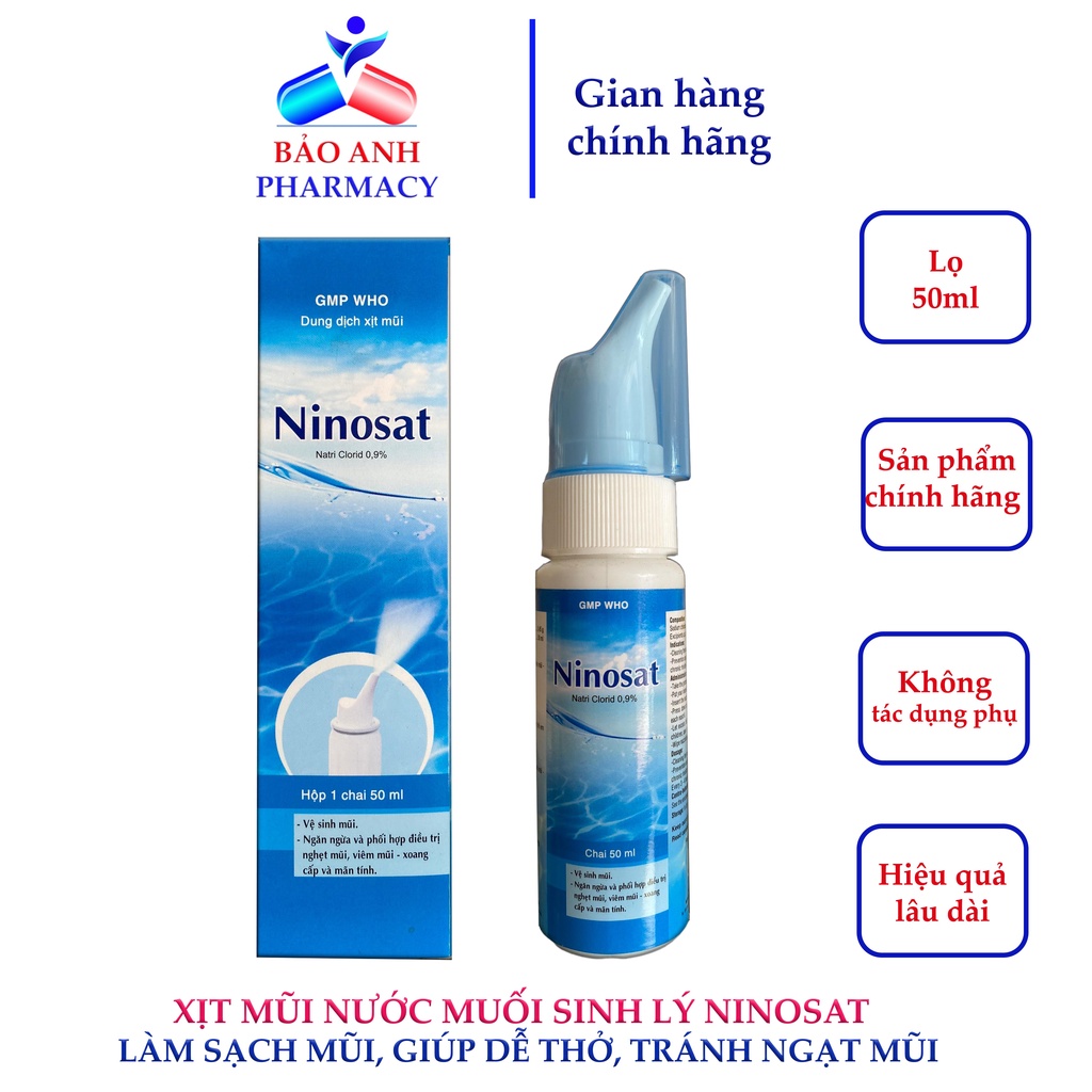 Xịt mũi nước muối sinh lý NINOSAT giúp rửa mũi, kháng khuẩn, bảo vệ mũi, giảm ngạt mũi, chảy nước mũi - Hộp50 ml