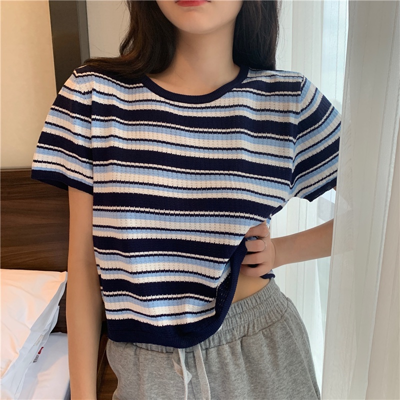 Áo thun ZHELIHANGFEI tay ngắn dáng rộng bằng lụa lạnh họa tiết kẻ sọc tương phản thời trang mùa hè 2022 xinh xắn cho nữ