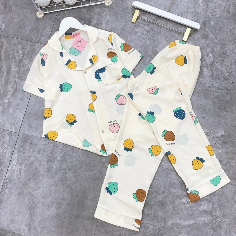 Bộ pijama chất đũi xốp hàng cộc dài hoạ tiết xinh dễ thương mặc nhà nữ