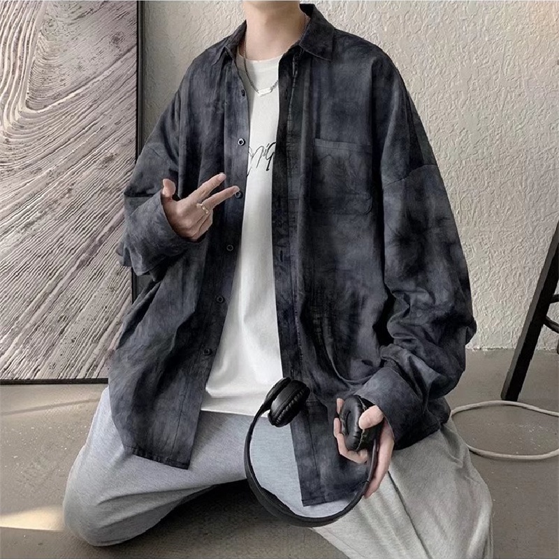 Áo sơ mi tay dài dáng rộng phối màu độc đáo thời trang Hàn Quốc cho nam size M-3XL