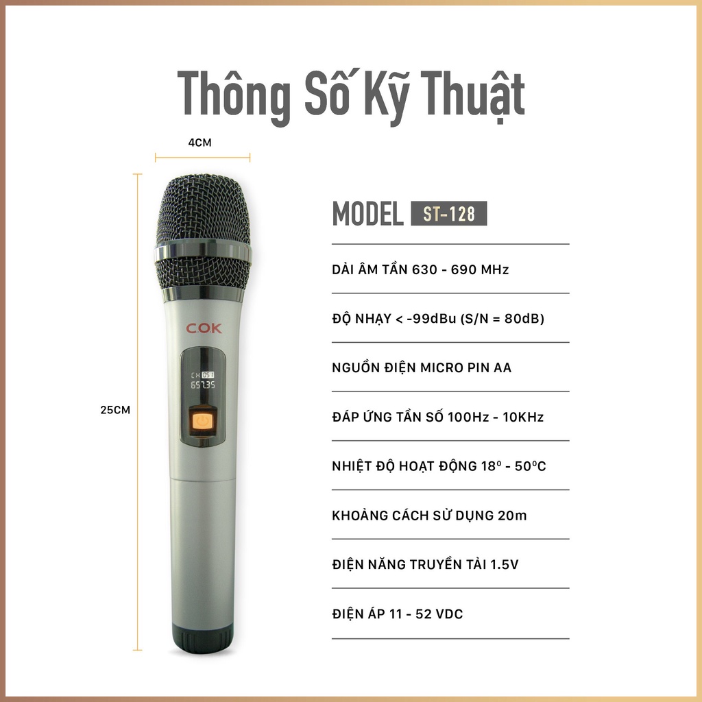 Micro Không Dây COK ST-128  - CHÍNH HÃNG - BH 12 tháng - Micro Chuyên Dành Cho Mọi Loa Kéo Và Âm Ly - Lỗi Đổi Mới