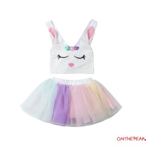 Bộ trang phục áo và chân váy xòe sọc cầu vồng thiết kế thỏ hoạt hình dễ thương cho bé gái