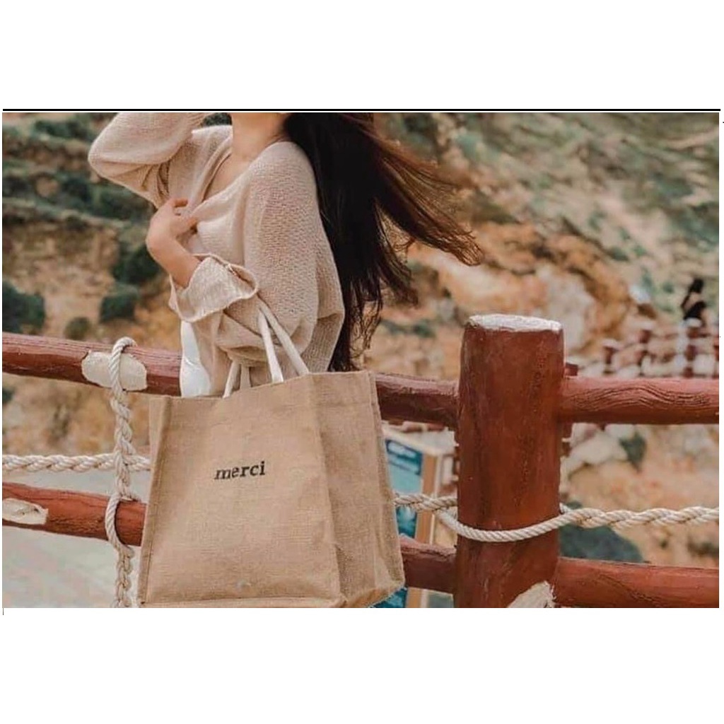 Túi Cói Đi Du Lịch Merci Sang Chảnh,Túi Cói Đi Biển, Đi Học, Đi Du LỊch - Có Lót và Khóa Kéo Bên Trong