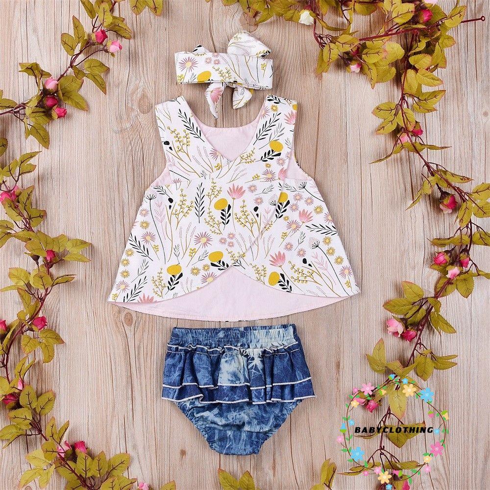 Set Áo Sát Nách In Hoa+Quần Short Denim+Băng Đô Cho Bé Gái