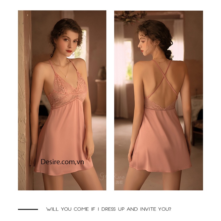 [Kèm quần]Váy ngủ lụa phối ren chéo lưng cao gợi cảm VN-034