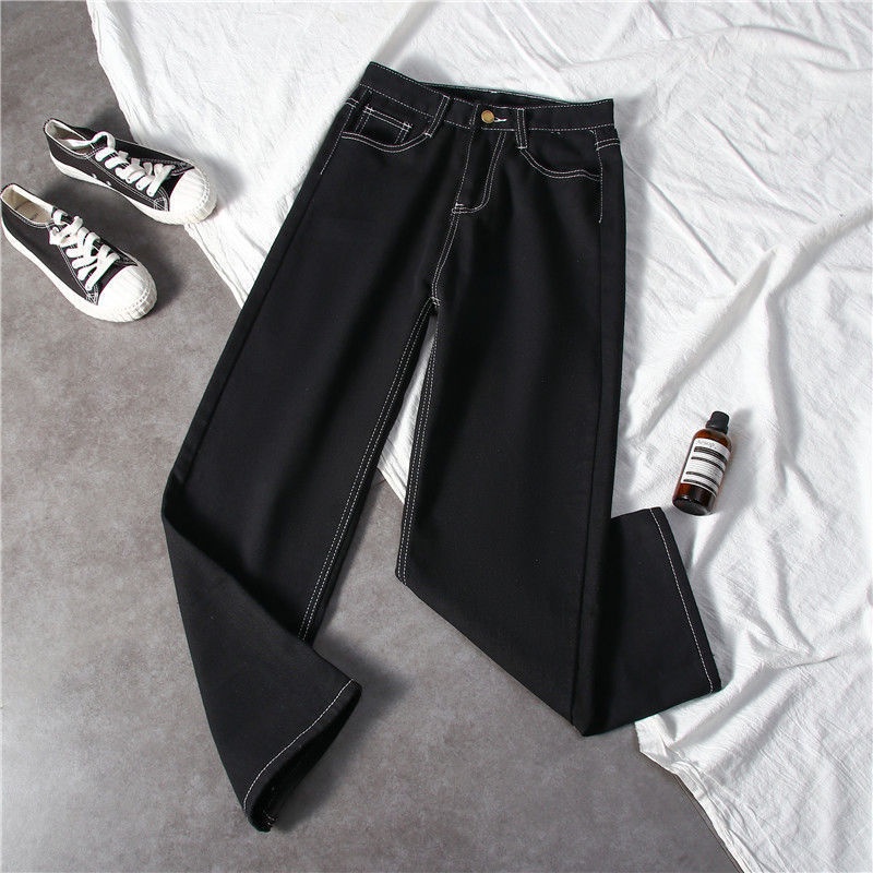 SUXI Quần Jean Dài Ống Rộng Lưng Cao Màu Đen Tôn Dáng Dễ Phối Đồ Cho Nữ