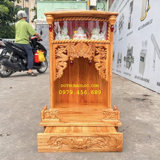 Bàn thờ thần tài ông địa gỗ xoan ngang 42cm lọng điện tử