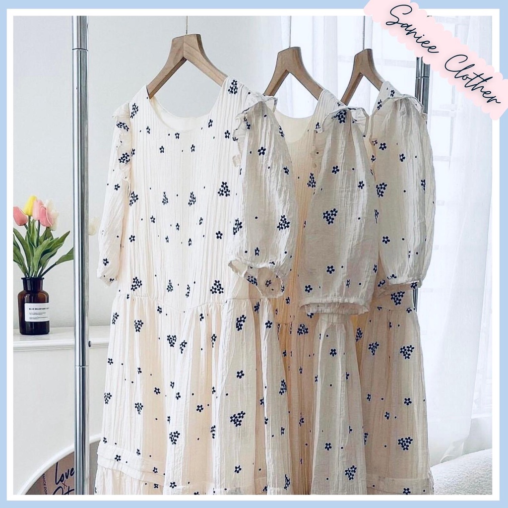 Đầm nữ ngắn tay chấm bi dáng rộng váy babydoll hoa nhí dáng dài đầm ulzzang tiểu thư vintage nữ Saniee Clother