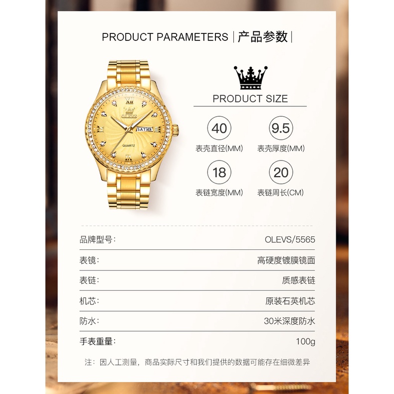 OLEVS 5565 đồng hồ nam chính hãng cao cấp chống nước dây thép đính đá đẹp vàng màu xanh lá trắng | BigBuy360 - bigbuy360.vn