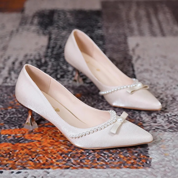 Giày cao gót 6cm mũi nhọn trang trí ngọc trai giả phong cách Pháp sành điệu