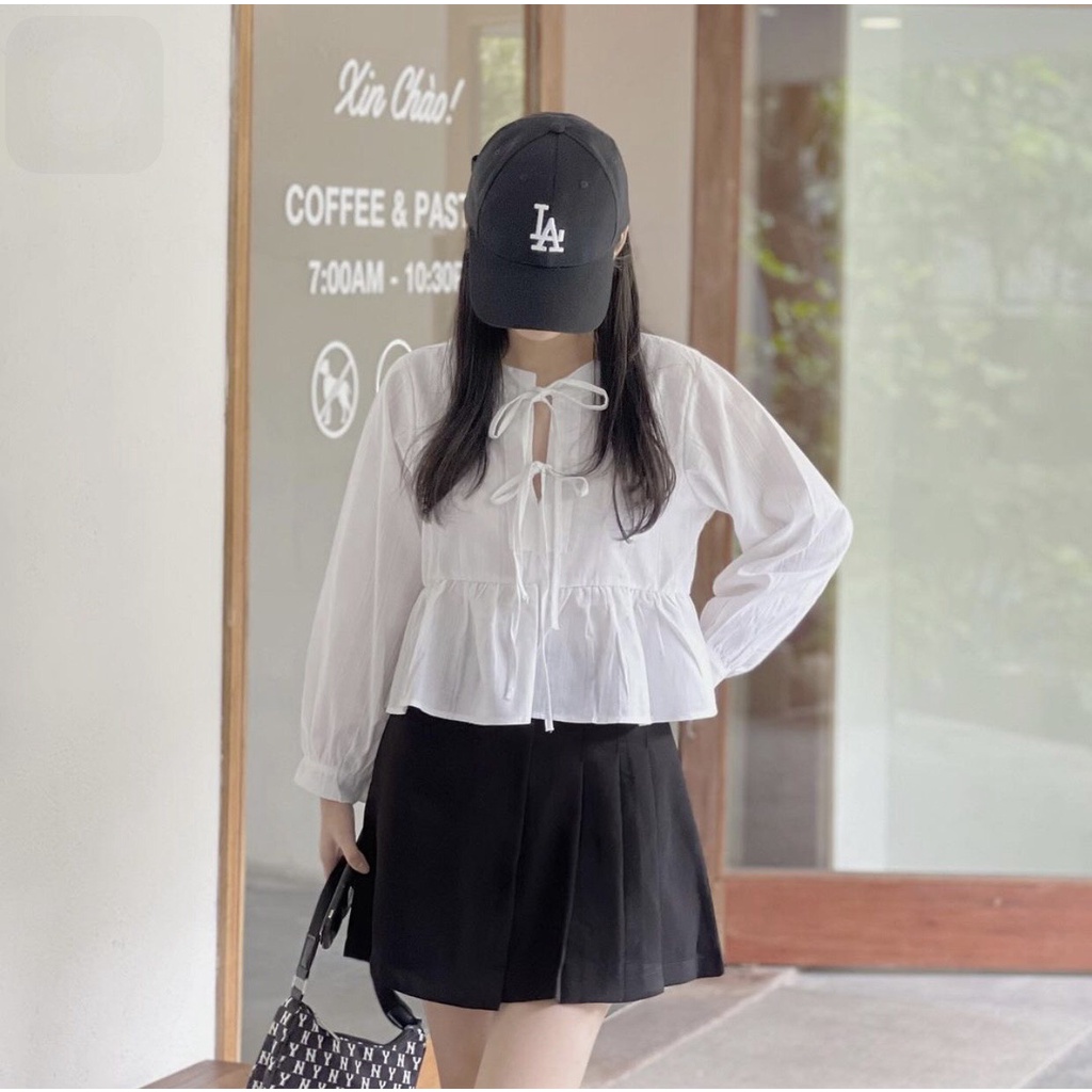 [Ảnh thật/Sẵn] Set áo babydoll dáng ngắn nơ dây mix chân váy xếp ly lệch tà ulzzang