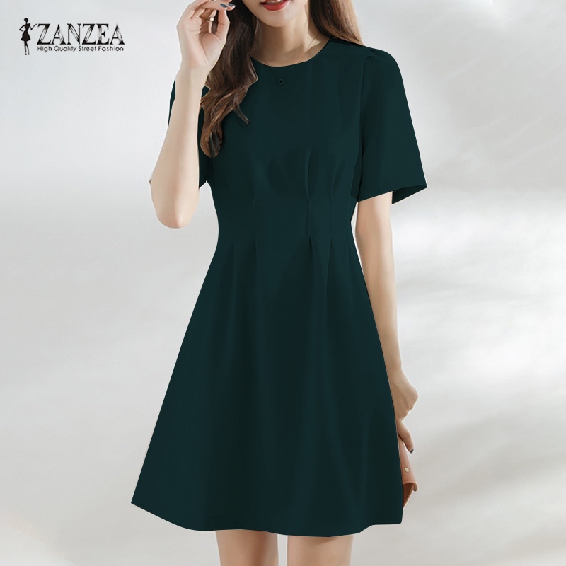 Đầm Zanzea dài ngang gối tay ngắn cổ tròn phong cách Hàn Quốc thanh lịch dành cho nữ