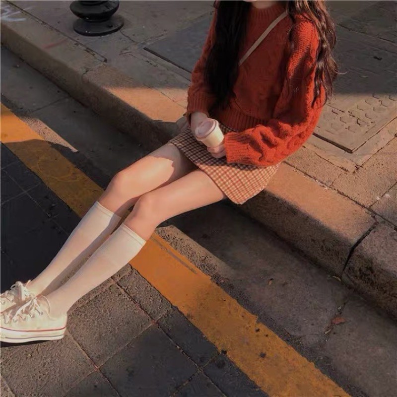 Set áo len tay phồng chân váy chữ A kẻ ullzang