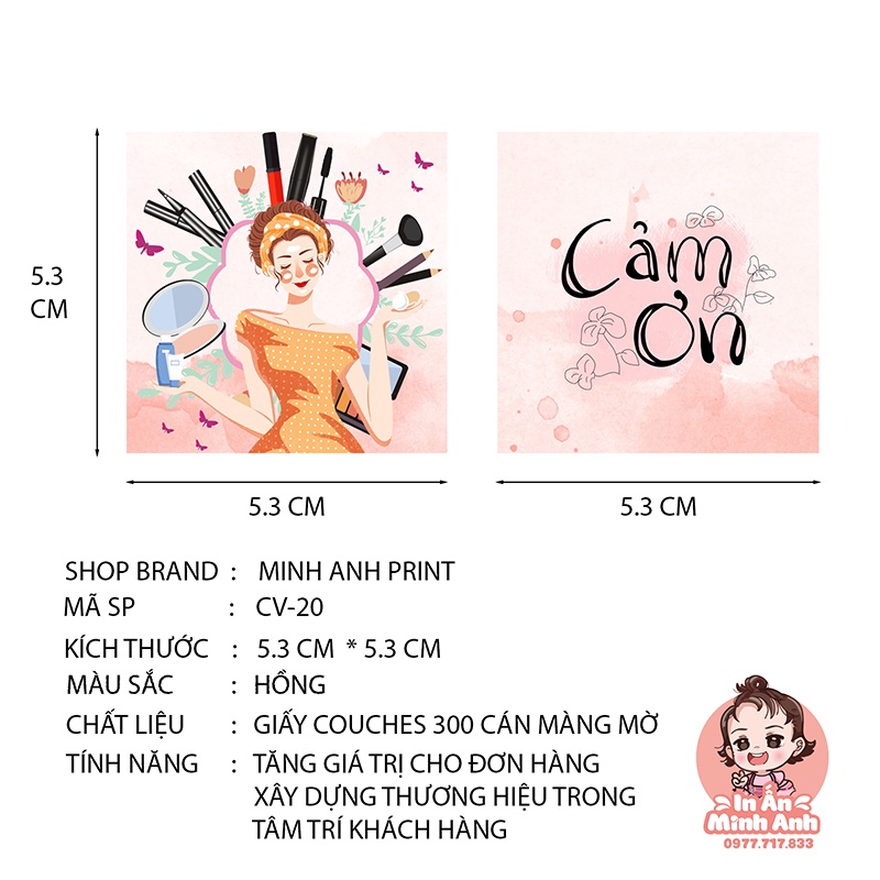 Card Thanh You, Card Cảm Ơn, Thiệp Cám Ơn - Size 5.3x5.3 cm - Giấy C300 Cán Màng Mờ Màu Hồng Cô Gái CV-20