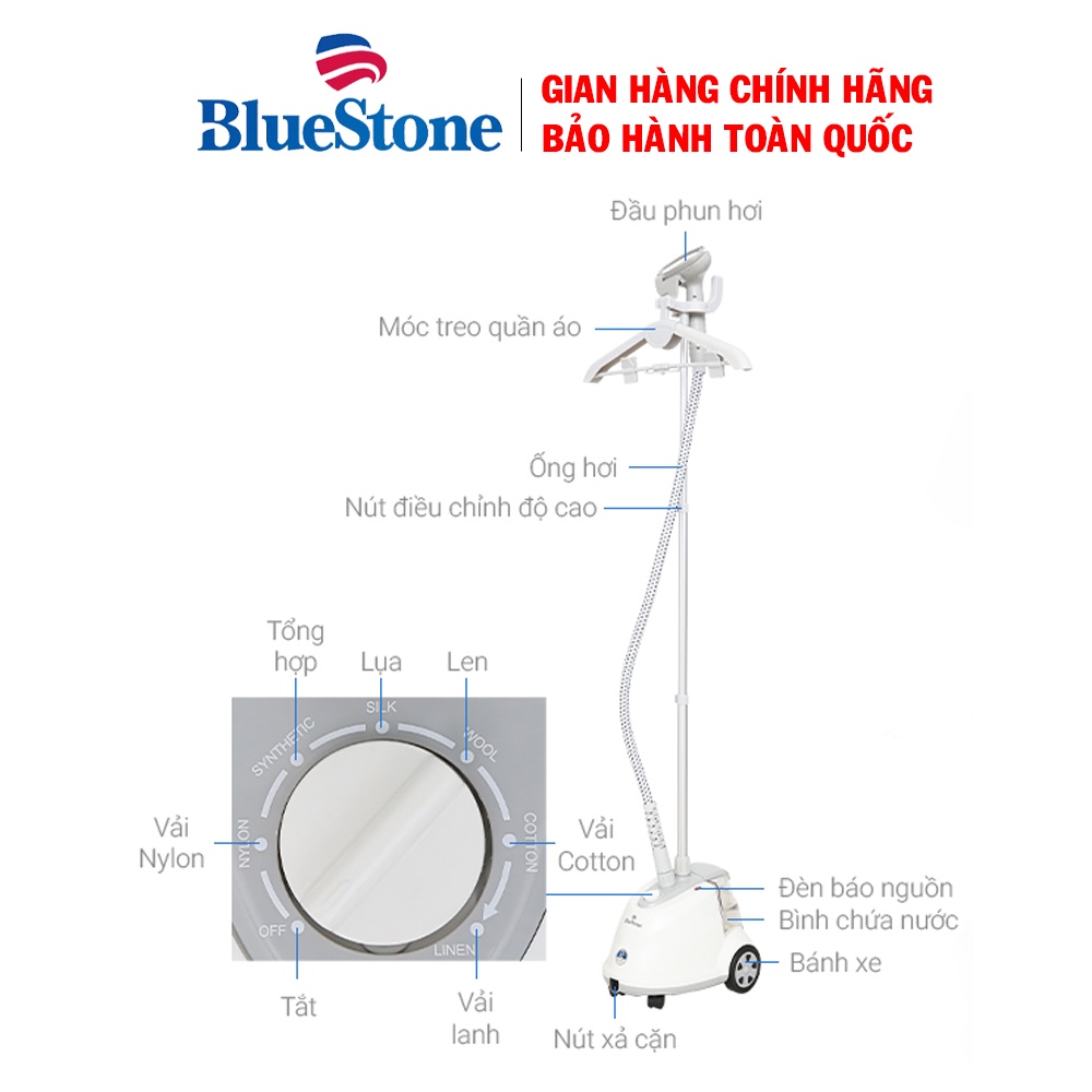 Bàn ủi hơi nước đứng Bluestone GSB-3915, Công suất cao 1800W, Dung tích 1.6L ủi liên tục 50 phút, Bảo hành 24 tháng