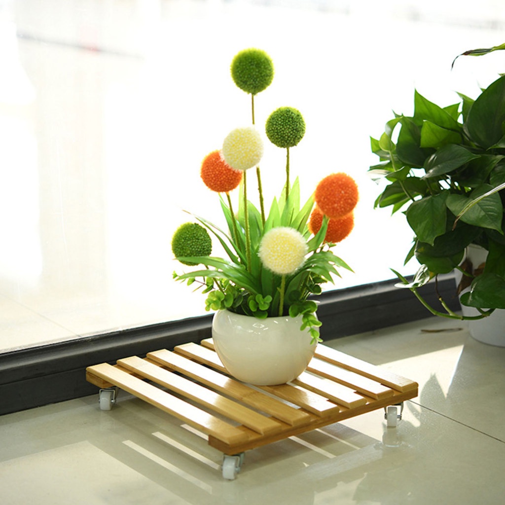 1 Giá Đỡ Chậu Hoa Bằng Tre Hình Vuông Có Bánh Xe Lăn Tháo Rời Được Tiện Lợi