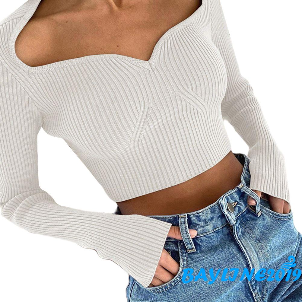 Áo Croptop Dệt Kim Tay Dài Thiết Kế Cổ Chữ V Quyến Rũ | BigBuy360 - bigbuy360.vn
