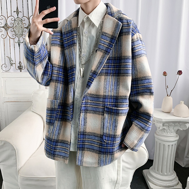 Áo khoác dạ nam kẻ caro cổ vest form thường phong cách hàn quốc trẻ trung