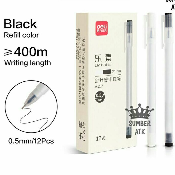 Bút bi gel màu đen 0.5mm deli chính hãng vỏ trắng suốt cực xinh