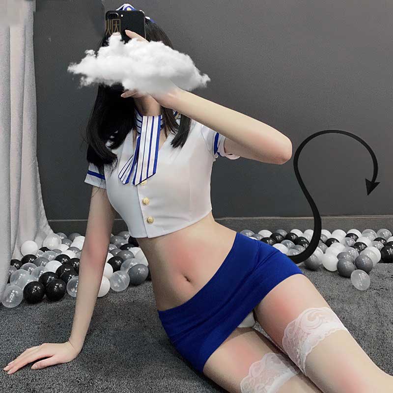 Đồ ngủ sexy nữ gợi cảm cosplay nàng tiếp viên áo trắng váy xanh quyến rũ 1612 | BigBuy360 - bigbuy360.vn