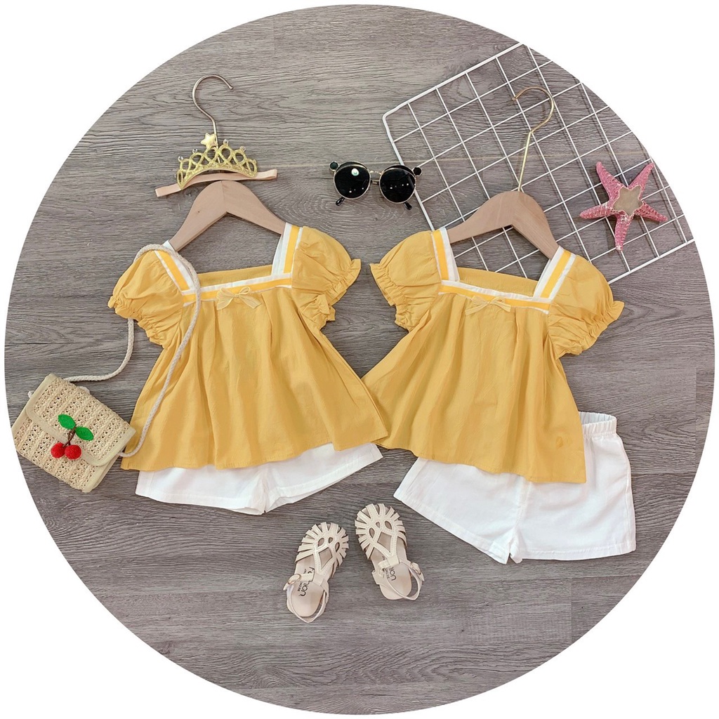 Set áo cổ vuông đính nơ tay bồng phối quần thô đũi siêu mát mùa hè 2022- Bm_babyshop68
