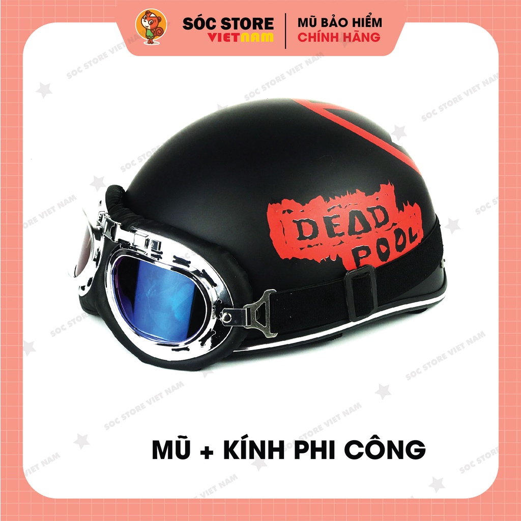 Mũ bảo hiểm nửa đầu chính hãng in hình Deadpool ĐỎ Sóc Store, nón bảo hiểm nam nữ 1 phần 2, kèm kính UV, kính phi công